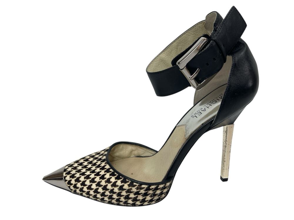 Michael Kors Black Houndstooth Pointed Toe Stiletto Heel Ankle Strap Sandals 8.5